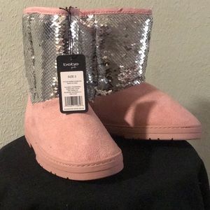 Bebe Microsuede Sequin Faux Fur Lined Boots, Size 3